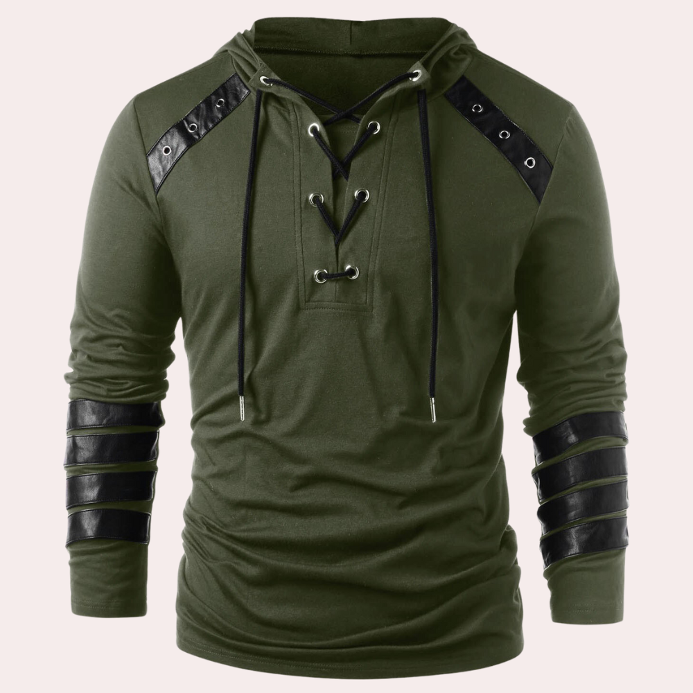 Donkergroene hoodie met veterkraag en leren accenten op schouders en mouwen, herenkleding, modieuze streetwear, comfortabele pasvorm.