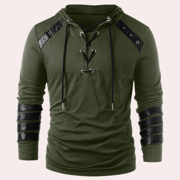 Donkergroene hoodie met veterkraag en leren accenten op schouders en mouwen, herenkleding, modieuze streetwear, comfortabele pasvorm.