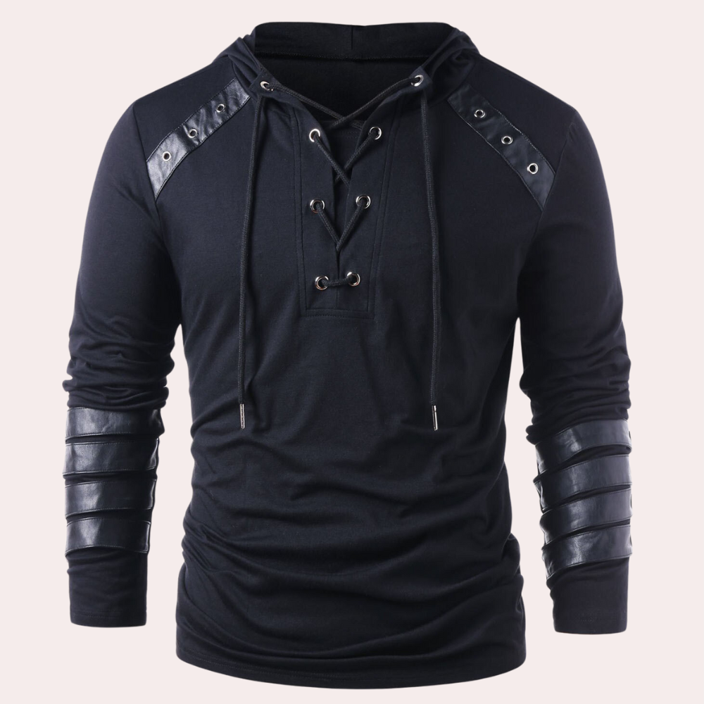 Donkerblauwe heren hoodie met leren accenten, veterdetails en lange mouwen. Modieuze streetwear, ideaal voor casual en urban stijlen.