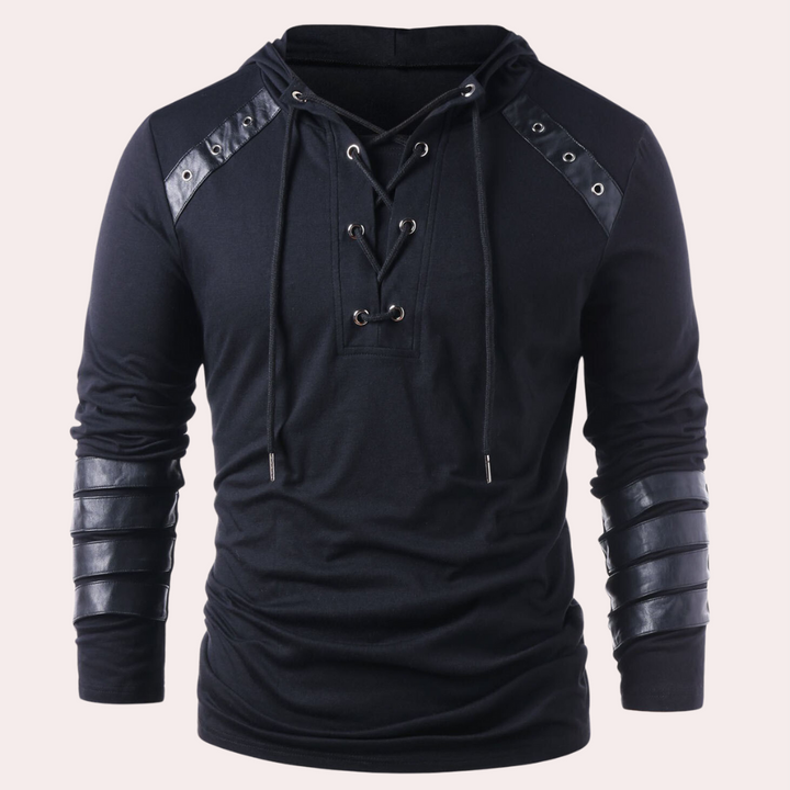 Donkerblauwe heren hoodie met leren accenten, veterdetails en lange mouwen. Modieuze streetwear, ideaal voor casual en urban stijlen.