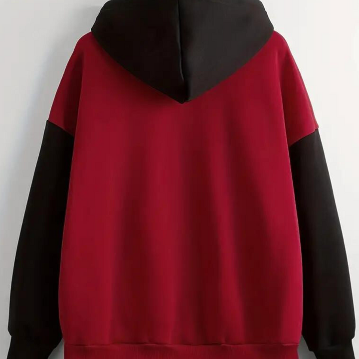 Rode en zwarte hoodie met capuchon, uniseks design, comfortabele pasvorm, casual streetwear, ideaal voor herfst en winter, trendy mode.