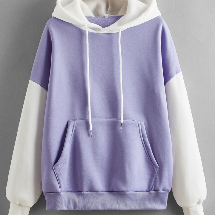 Paarse en witte hoodie met capuchon en buidelzak, unisex ontwerp, casual streetwear, comfortabele katoenen stof, trendy mode voor herfst en winter.