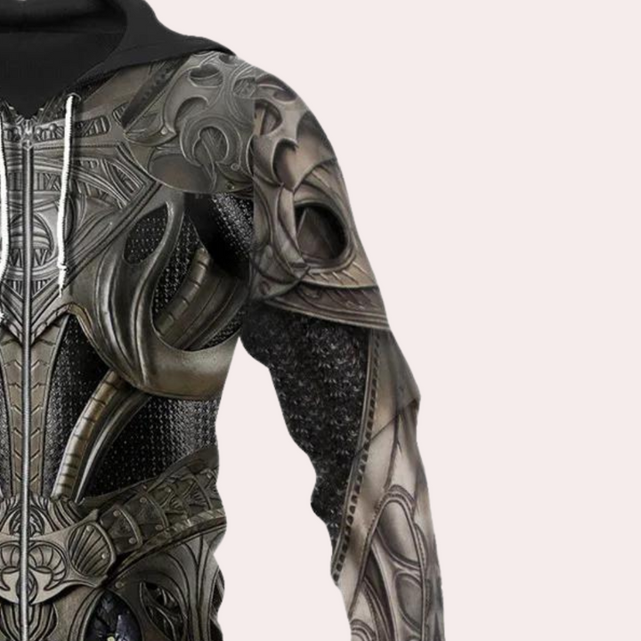 Futuristische hoodie met gedetailleerd, zwart-grijs 3D-pantserontwerp, ritssluiting en capuchon. Ideaal voor cosplay en streetwear.