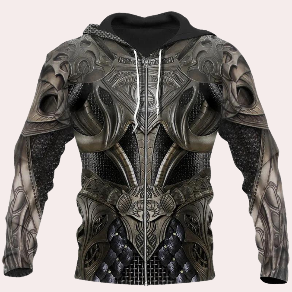 Middeleeuwse ridder hoodie met gedetailleerd harnasontwerp, metalen accenten en kettingmail. Perfect voor cosplay en fantasy liefhebbers.
