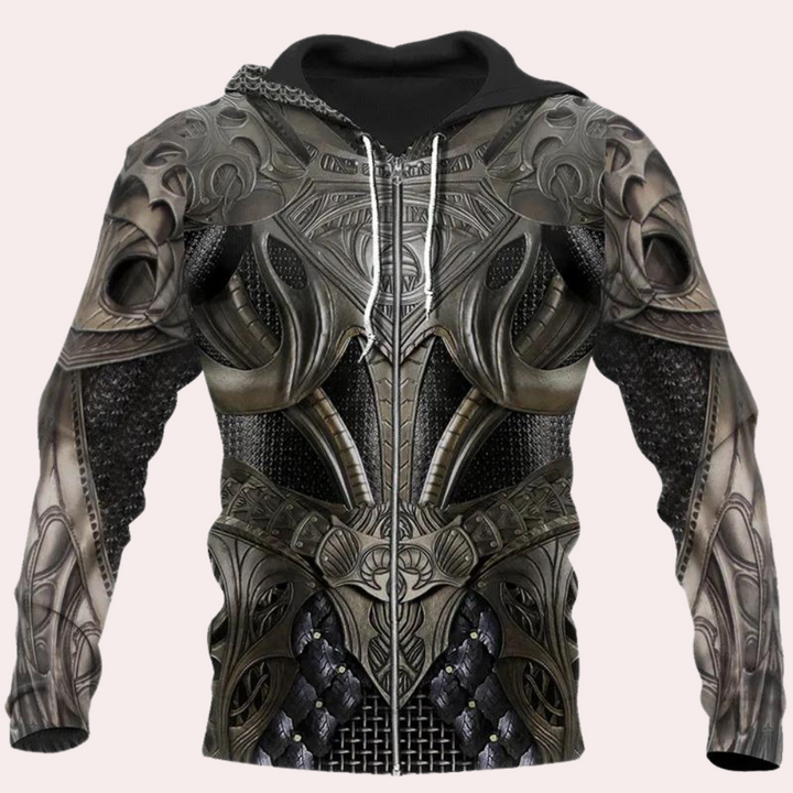 Middeleeuwse ridder hoodie met gedetailleerd harnasontwerp, metalen accenten en kettingmail. Perfect voor cosplay en fantasy liefhebbers.