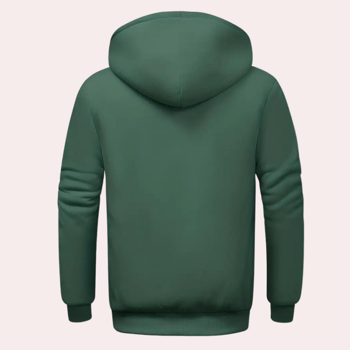 Groene hoodie met capuchon, achterkant. Comfortabele unisex trui, casual streetwear, ideaal voor herfst en winter. Stijlvolle en warme kleding.