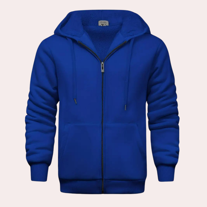 Blauwe hoodie met rits en capuchon, uniseks design, warme fleece voering, casual streetwear, ideaal voor herfst en winter.