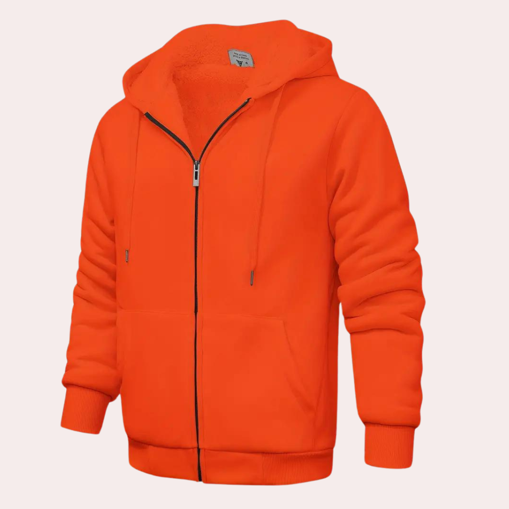 Oranje hoodie met rits, capuchon en trekkoorden, gemaakt van warme fleece stof. Perfect voor casual en sportieve outfits. Unisex kleding.