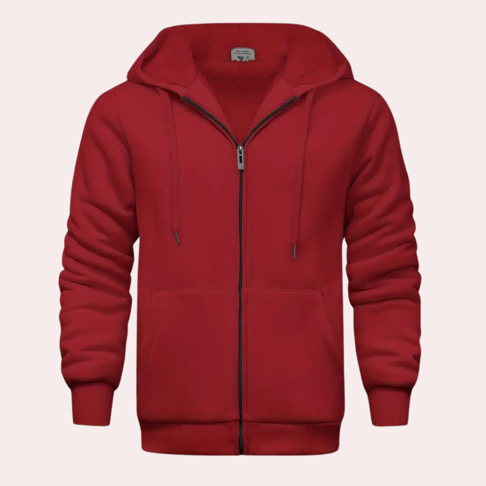 Rode hoodie met rits, capuchon en zakken, uniseks design, warme fleece voering. Perfect voor casual en sportieve outfits.