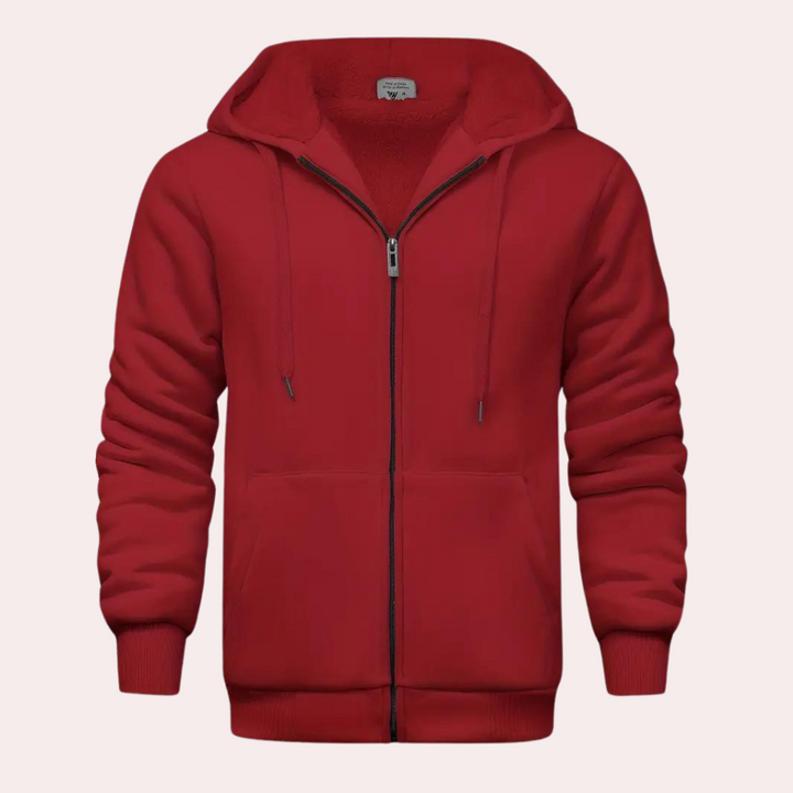 Rode hoodie met rits, capuchon en zakken, uniseks design, warme fleece voering. Perfect voor casual en sportieve outfits.