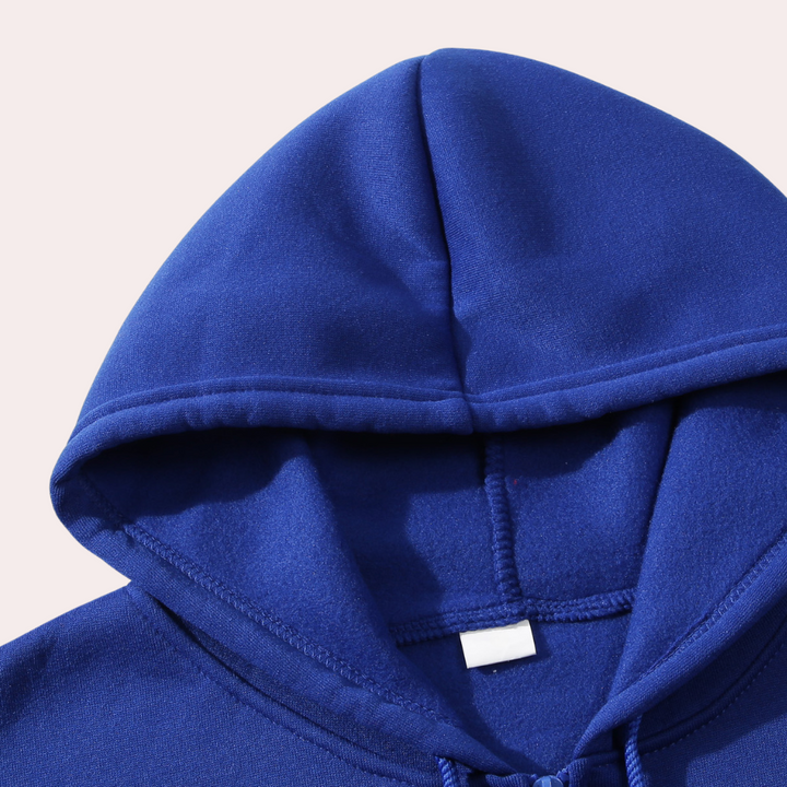 Blauwe hoodie met capuchon, close-up van de bovenkant, zachte stof, casual kleding, uniseks, modetrend, comfortabele pasvorm, detailopname.