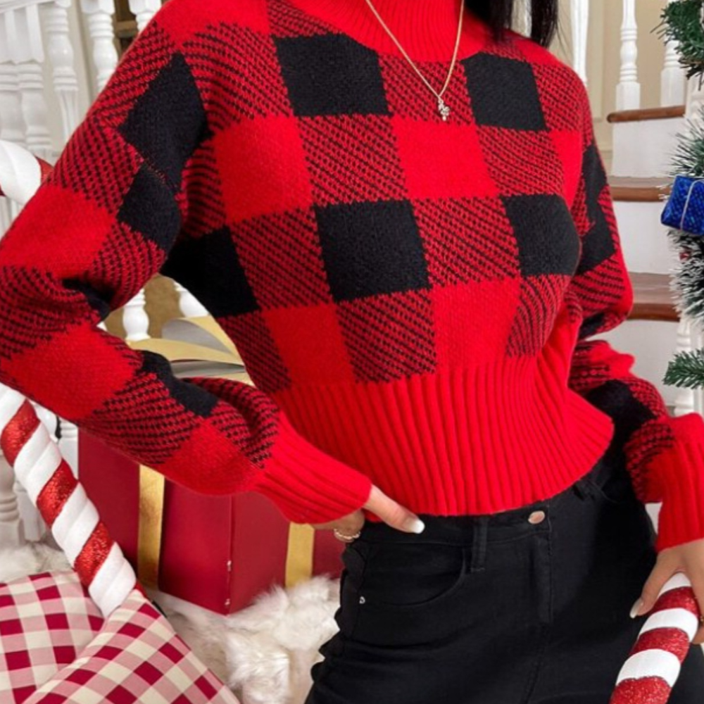 Rode geruite trui damesmode, winterkleding, zwart-rood patroon, casual stijl, kerstcadeau-idee, trendy en warm, comfortabele pasvorm.