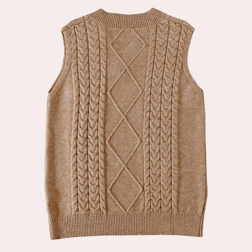 Beige gebreide mouwloze trui met kabelpatroon, unisex, casual stijl, perfect voor herfstmode. Comfortabel en stijlvol vest voor dagelijks gebruik.