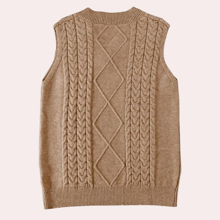 Beige gebreide mouwloze trui met kabelpatroon, unisex, casual stijl, perfect voor herfstmode. Comfortabel en stijlvol vest voor dagelijks gebruik.