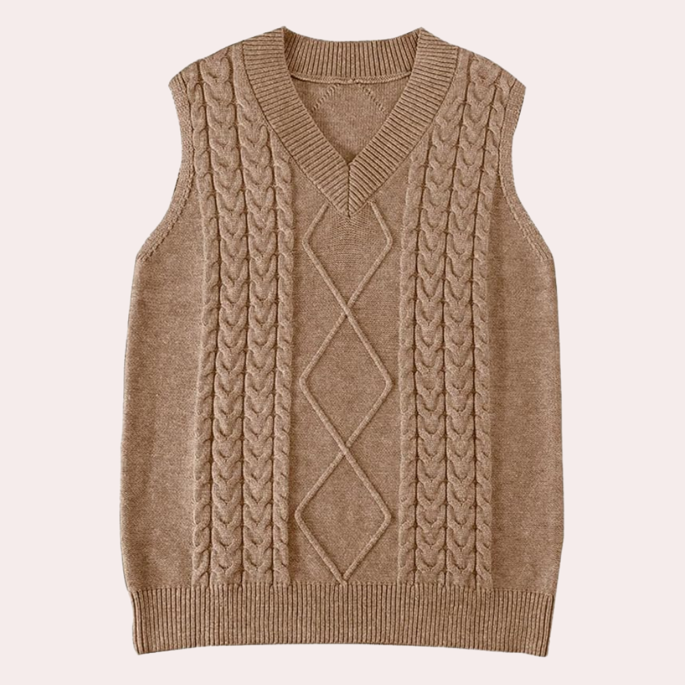 Beige gebreide spencer met kabelpatroon, V-hals en mouwloos ontwerp. Perfect voor herfstmode en casual outfits. Unisex trui, warme stijl.
