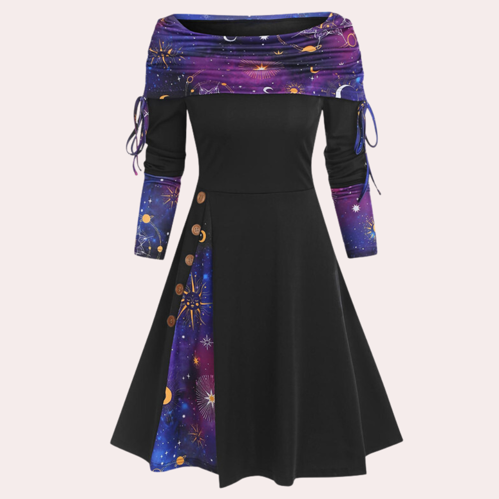 Paarse off-shoulder jurk met sterrenhemelprint, knoopdetails en lange mouwen. Perfect voor avondkleding en feestelijke gelegenheden.