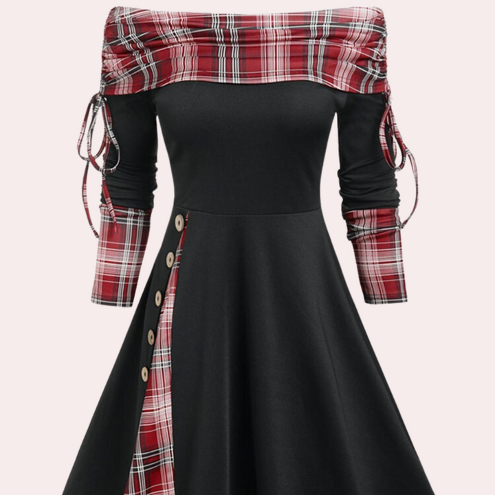 Zwart-rode off-shoulder jurk met geruite accenten en knoopdetails, elegante damesmode, perfect voor herfst- en winterseizoen.