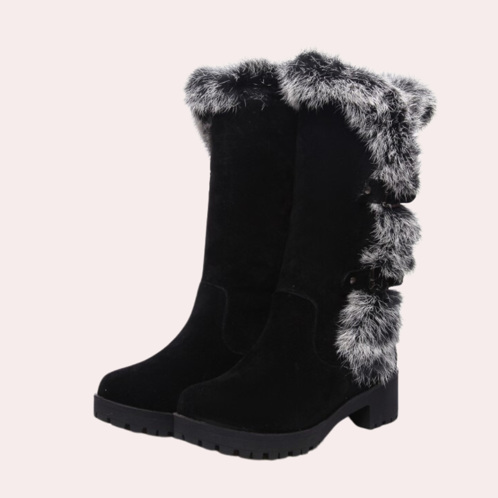 Zwarte winterlaarzen met bontkraag, stevige hak en rubberen zool. Modieuze dameslaarzen voor koude seizoenen. Perfect voor wintermode.