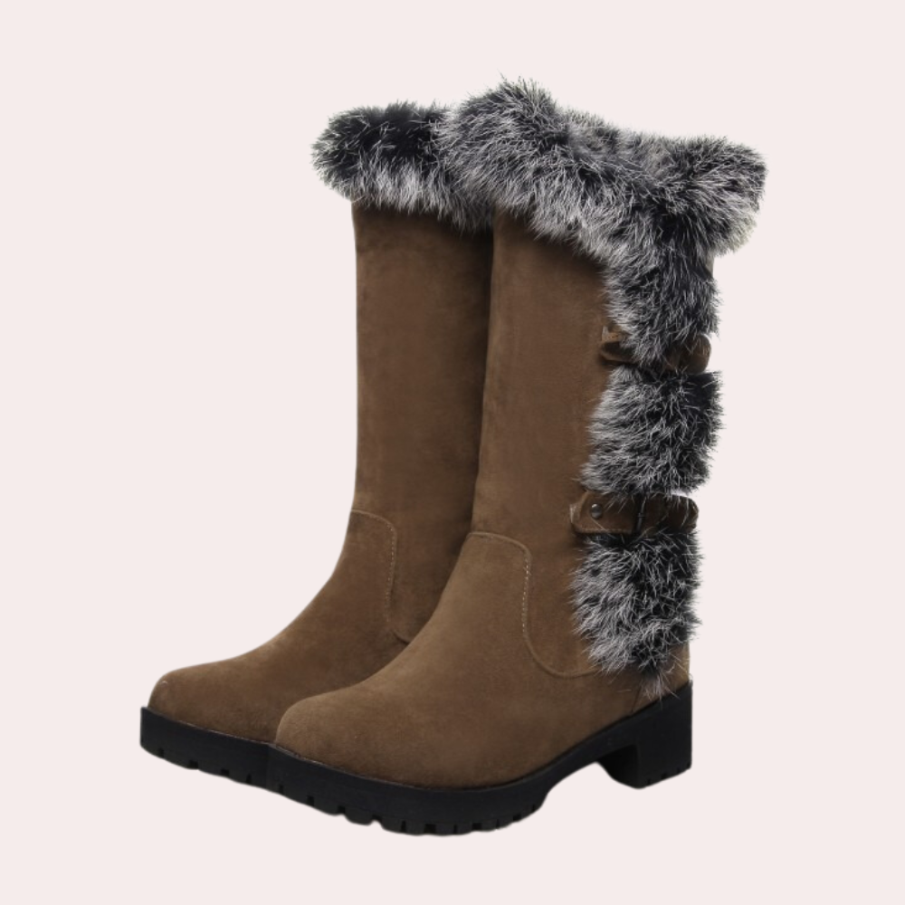 Bruine winterlaarzen met bontkraag en strikdetails, stevige zool, damesmode, warme laarzen, trendy schoeisel, comfortabele winterstijl.