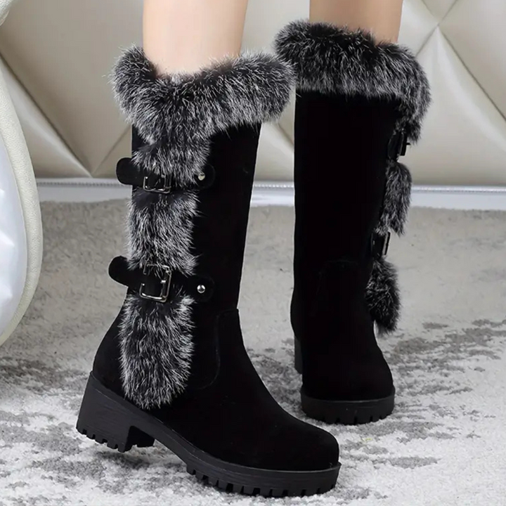 Zwarte winterlaarzen met bontvoering en gespen, damesmode, warme en stijlvolle schoenen voor koude seizoenen, trendy laarzen met dikke zool.