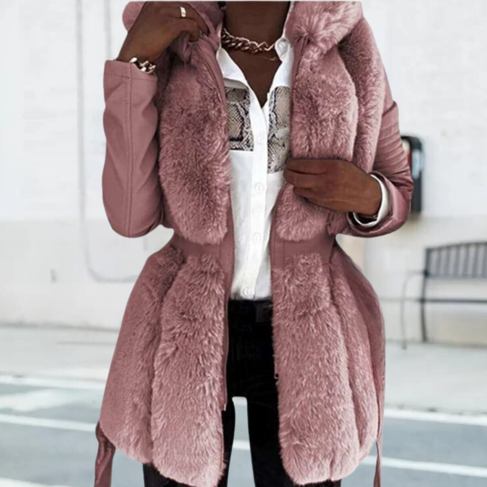 Roze damesjas met bontkraag, stijlvolle wintermode, warme en modieuze jas voor vrouwen, perfect voor koude seizoenen, trendy en elegant design.
