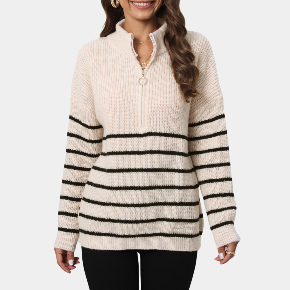 Damestrui met halve rits, beige met zwarte strepen, lange mouwen, gebreid, casual stijl. Perfect voor herfst- en wintermode.