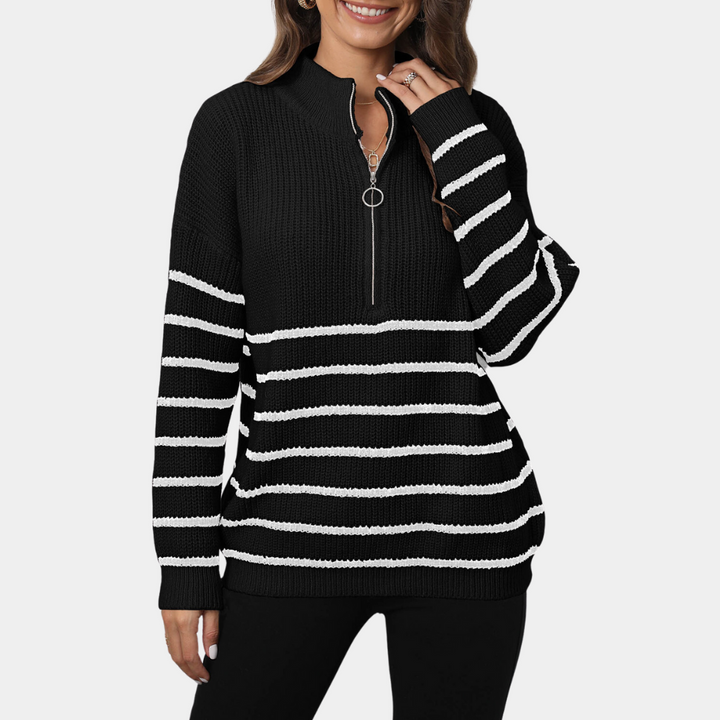 Zwarte trui met witte strepen en ritssluiting, damesmode, casual winterkleding, gebreide stof, lange mouwen, trendy en comfortabel design.