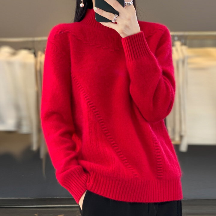 Rode damestrui van kasjmier met lange mouwen en geribbelde boorden, perfect voor herfstmode. Comfortabele en stijlvolle winterkleding.