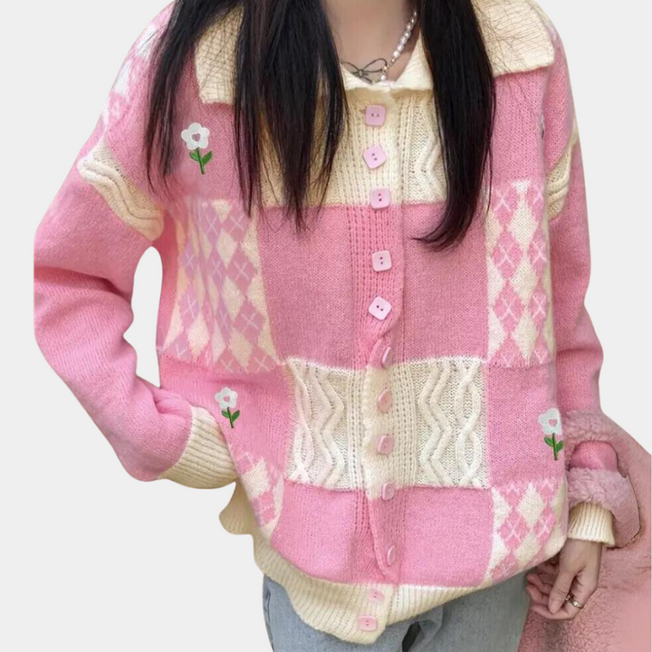 Roze gebreid vest met ruitpatroon en bloemenborduursels, damesmode, trendy herfstkleding, casual stijl, knoopsluiting, lange mouwen.