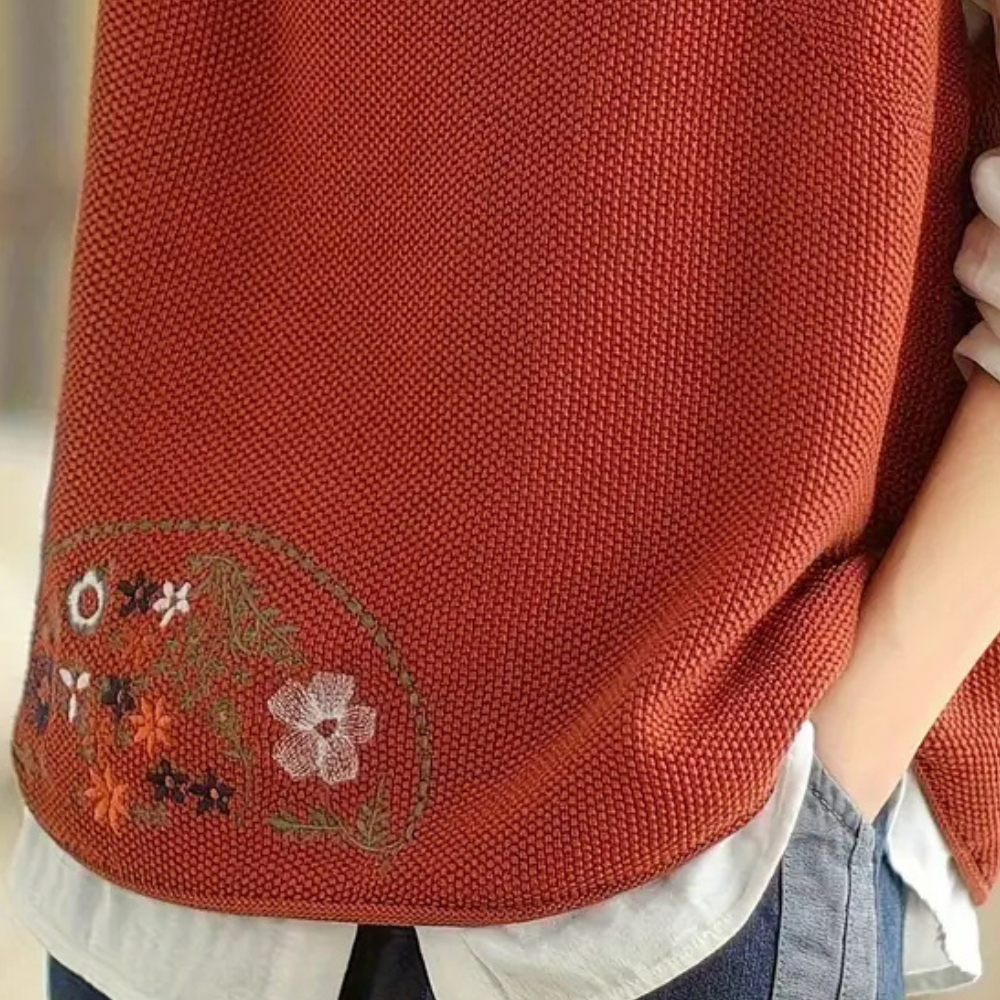 Rode gebreide trui met bloemenborduursel, damesmode, herfstkleding, casual stijl, comfortabele pasvorm, trendy design, textuur detail.