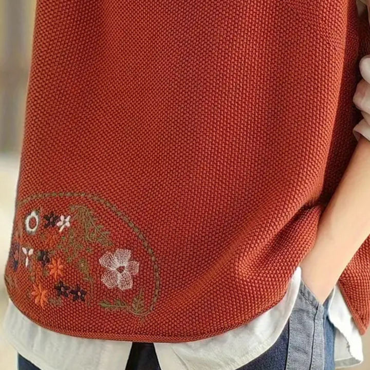 Rode gebreide trui met bloemenborduursel, damesmode, herfstkleding, casual stijl, comfortabele pasvorm, trendy design, textuur detail.