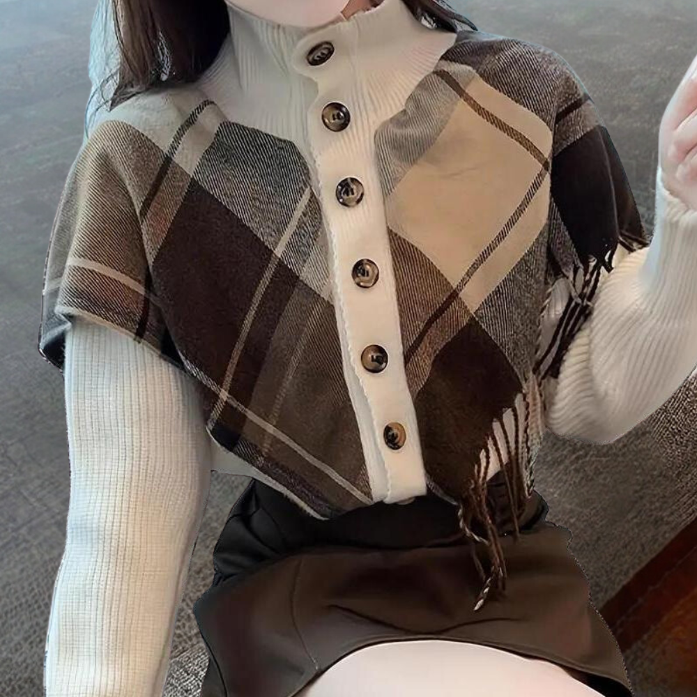 Damestrui met geruite sjaal, knoopsluiting, beige en bruine tinten, modieuze herfstkleding, comfortabele en stijlvolle outfit.
