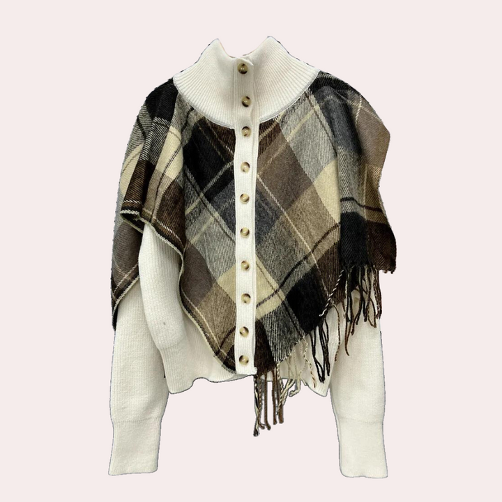 Beige geruite poncho met knopen en franjes, damesmode, herfst-winter kleding, stijlvolle en warme accessoire, Mariora merk.