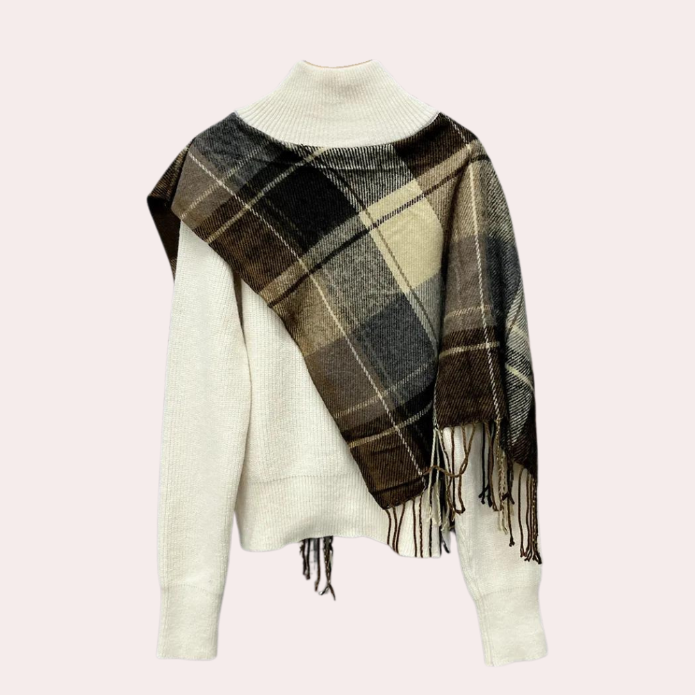 Beige trui met hoge kraag en geruite sjaal, damesmode, herfstkleding, stijlvolle outfit, warme winterkleding, modetrend 2023.