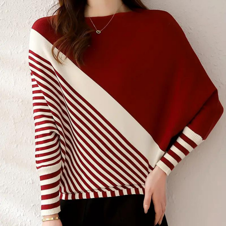 Rood-witte gestreepte trui voor dames, asymmetrisch ontwerp, lange mouwen, modieuze casual stijl, perfect voor herfst- en wintermode.