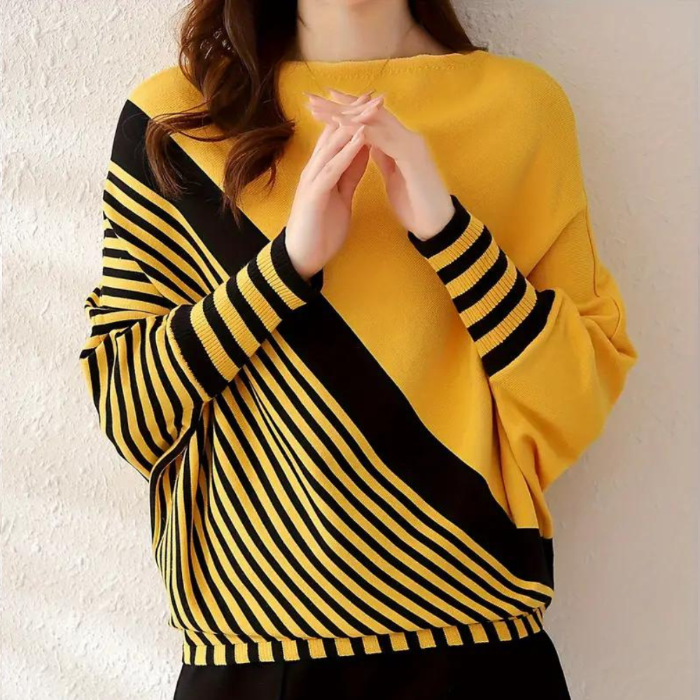 Damestrui geel met zwart gestreept design, lange mouwen, casual stijl. Perfect voor herfstmode, comfortabele pasvorm, trendy en stijlvol.