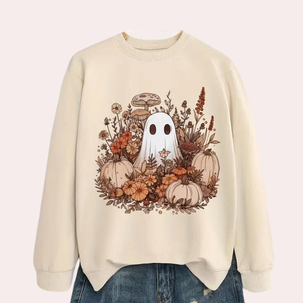 Beige trui met spook en herfstmotief, pompoenen en bloemen. Perfect voor Halloween en herfstmode. Comfortabele en stijlvolle kleding.