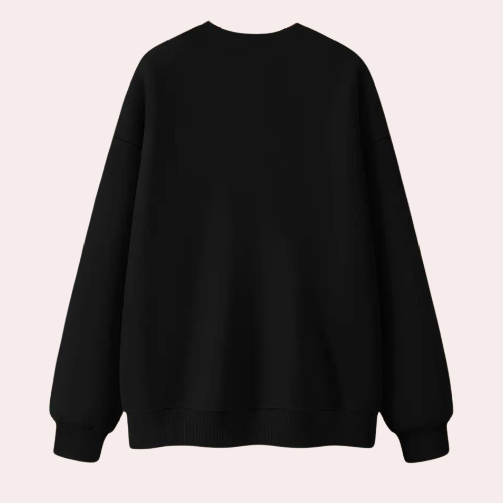 Zwarte oversized trui, achterkant, uniseks, minimalistisch design, lange mouwen, casual mode, comfortabele pasvorm, katoenmix, effen kleur.