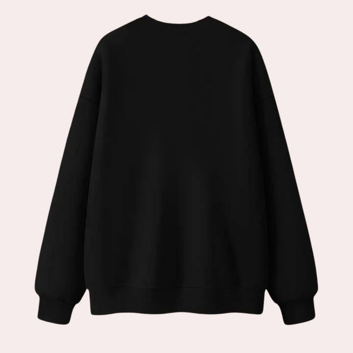 Zwarte oversized trui, achterkant, uniseks, minimalistisch design, lange mouwen, casual mode, comfortabele pasvorm, katoenmix, effen kleur.