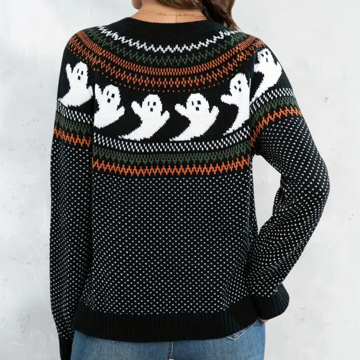 Zwarte trui met spookjespatroon, Halloween thema, gebreid design, damesmode, casual herfstkleding, rugaanzicht, trendy en comfortabel.