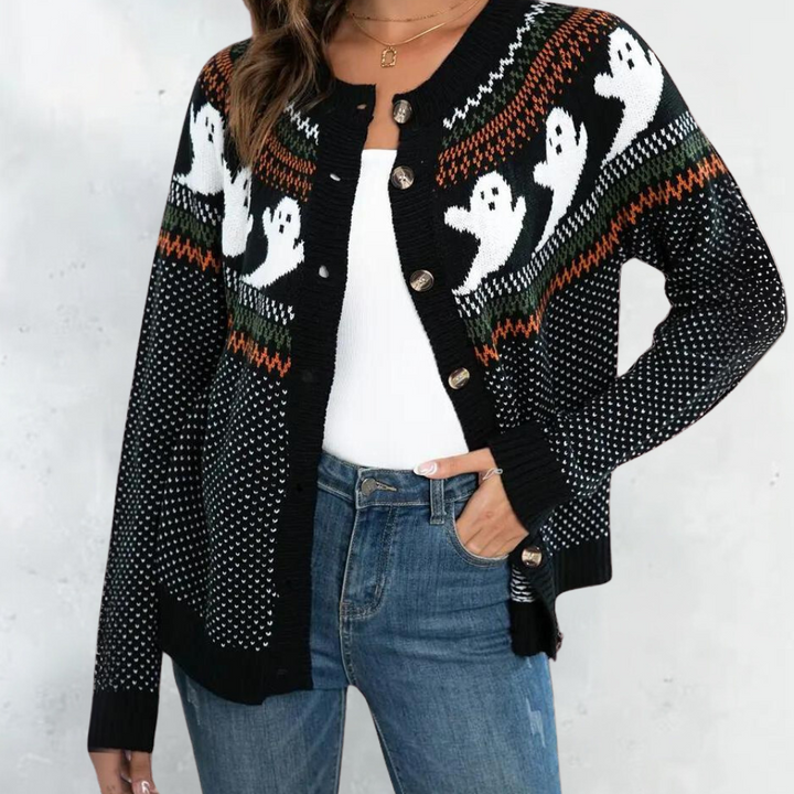 Zwarte spooktrui dames, Halloween thema, gebreid met knopen, spookprint, casual stijl, perfect voor herfstmode en feestelijke gelegenheden.