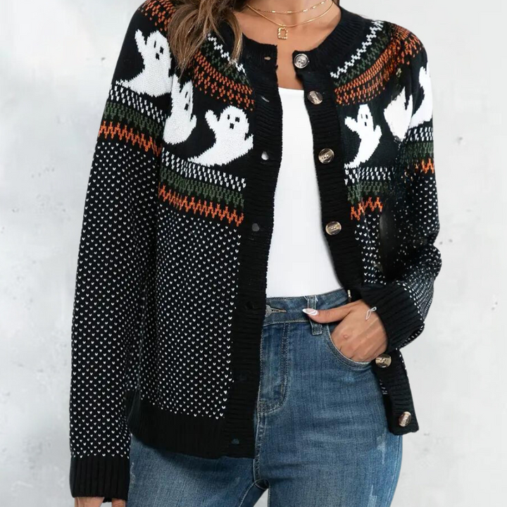 Dames spooktrui, zwart met witte spookjes, Halloween thema, gebreid patroon, knoopsluiting, casual herfstmode, trendy en comfortabel.