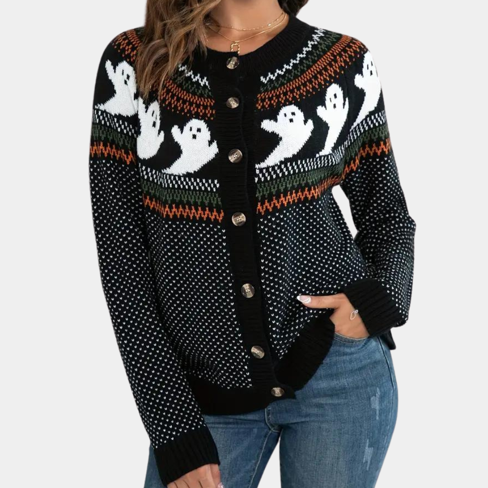 Zwarte damestrui met spookjesprint, knopen en kleurrijke accenten. Perfect voor Halloween. Comfortabele pasvorm, ideaal voor herfstmode.