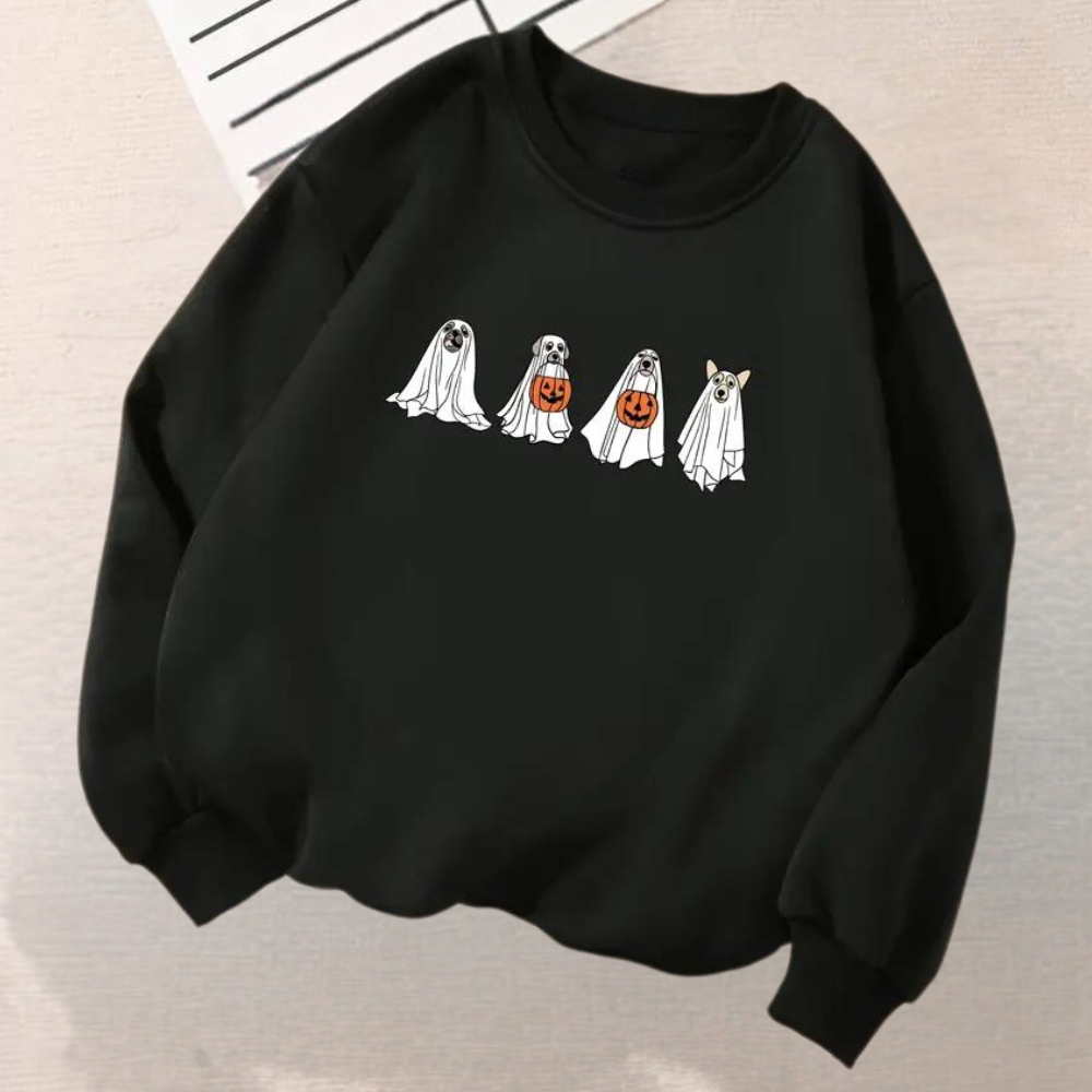 Zwarte Halloween-trui met schattige spook- en pompoenprint, uniseks ontwerp, comfortabele pasvorm, ideaal voor herfst- en Halloween-feestjes.