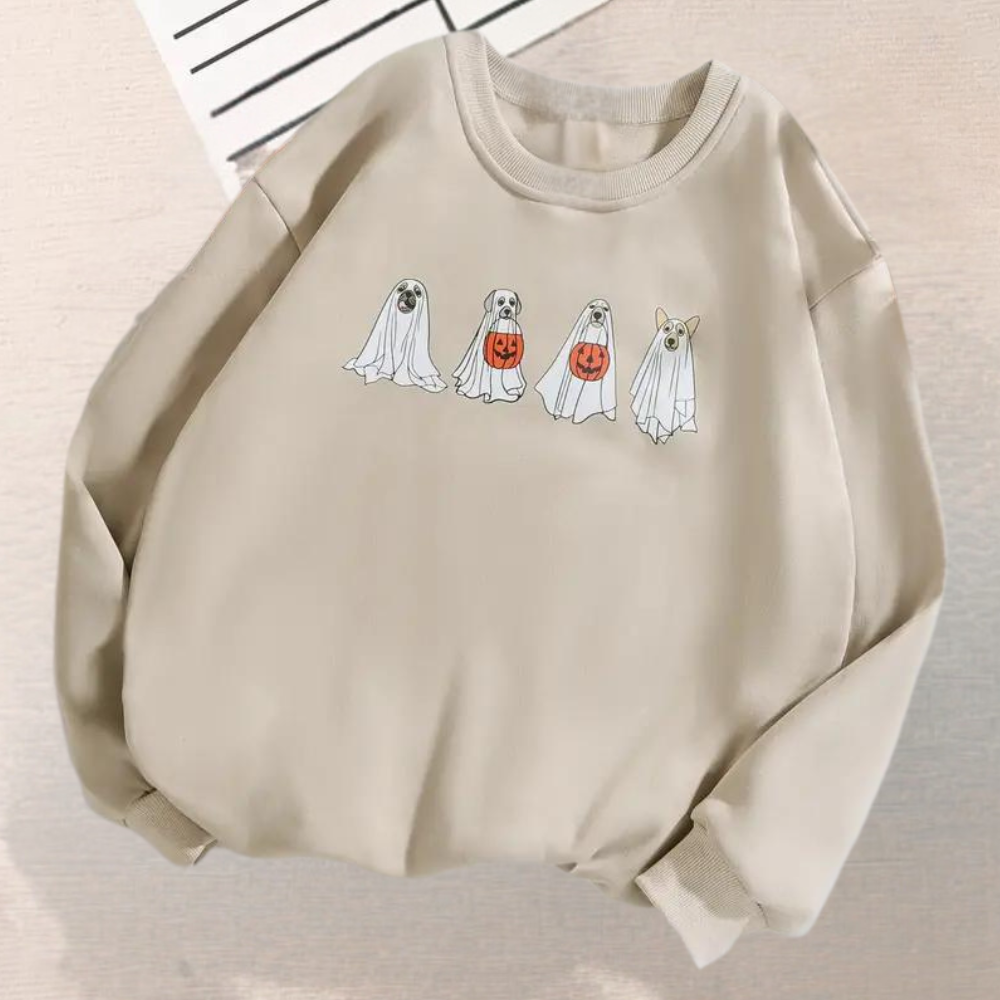 Khaki trui met schattige Halloween hondenprint, spookkostuums en pompoen. Perfect voor herfstmode en casual outfits. Unieke en trendy stijl.