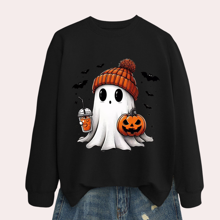 Zwarte Halloween-trui met schattig spookje, pompoen en vleermuizen, perfect voor herfstmode. Comfortabele sweater met unieke print.