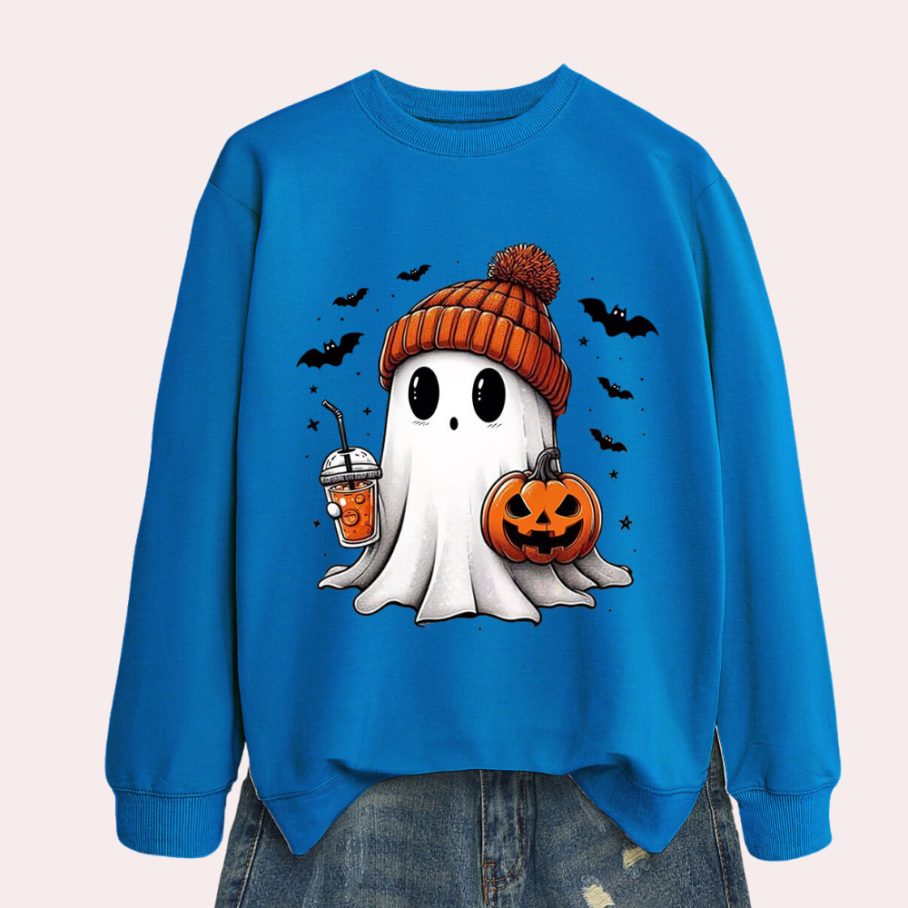 Blauwe trui met schattige spookprint, pompoen, vleermuizen en warme muts. Perfect voor Halloween. Comfortabele en trendy herfstmode.