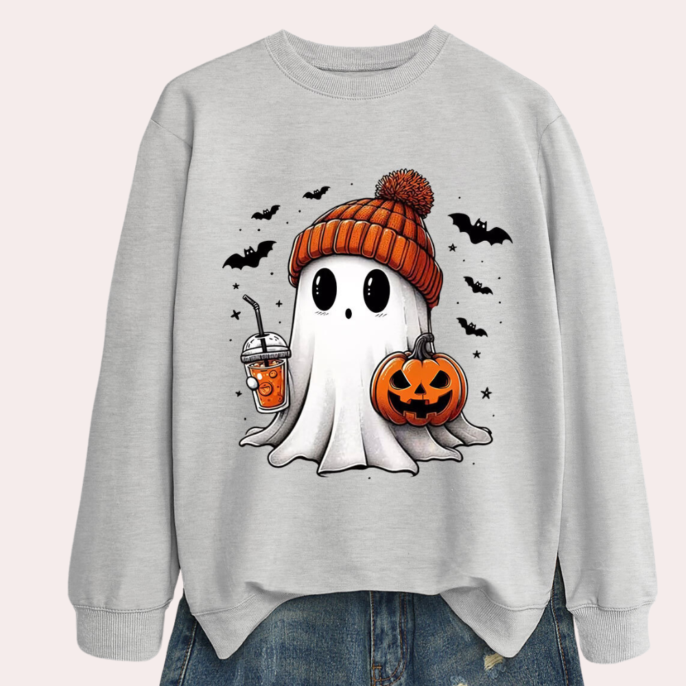 Grijze Halloween-trui met schattige spookprint, pompoen, vleermuizen en oranje muts. Perfect voor herfstmode en Halloween-thema's.