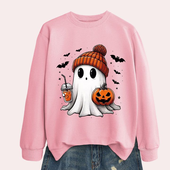 Roze sweatshirt met schattige spookprint, pompoen, vleermuizen en drankje. Perfect voor Halloween. Comfortabele en trendy kleding voor dames.