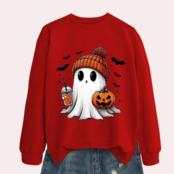 Rode Halloween-trui met schattige spookprint, pompoen, vleermuizen en warme muts. Perfect voor herfstmode en feestelijke kleding.
